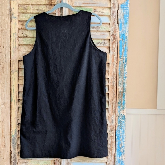Black Linen Dress Sleeveless Tank Mini Beach Swim Cover Pockets Adjustable Strap - Picture 6 of 6